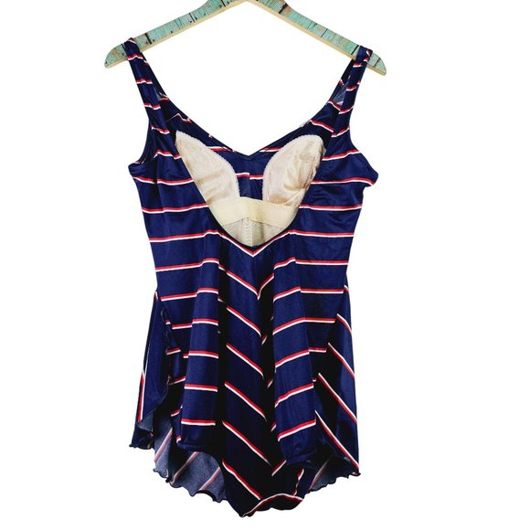 Vtg 1960-70s Striped Teenage Beachwear Corp One Piece Skirted Bathing Suit, 18 - Picture 2 of 9